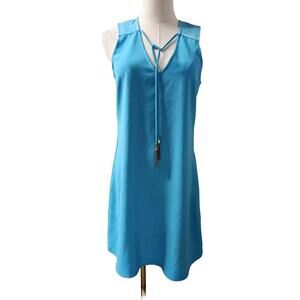 TRINA TURK AQUA Turquoise V NECK Shift SHEATH DRESS‎ Metal ties Pockets! Small